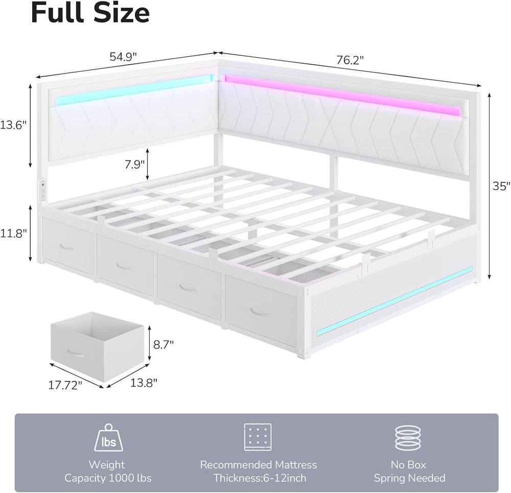 Full Corner Bed Frame with 4 Storage Drawers and Charging Station, White