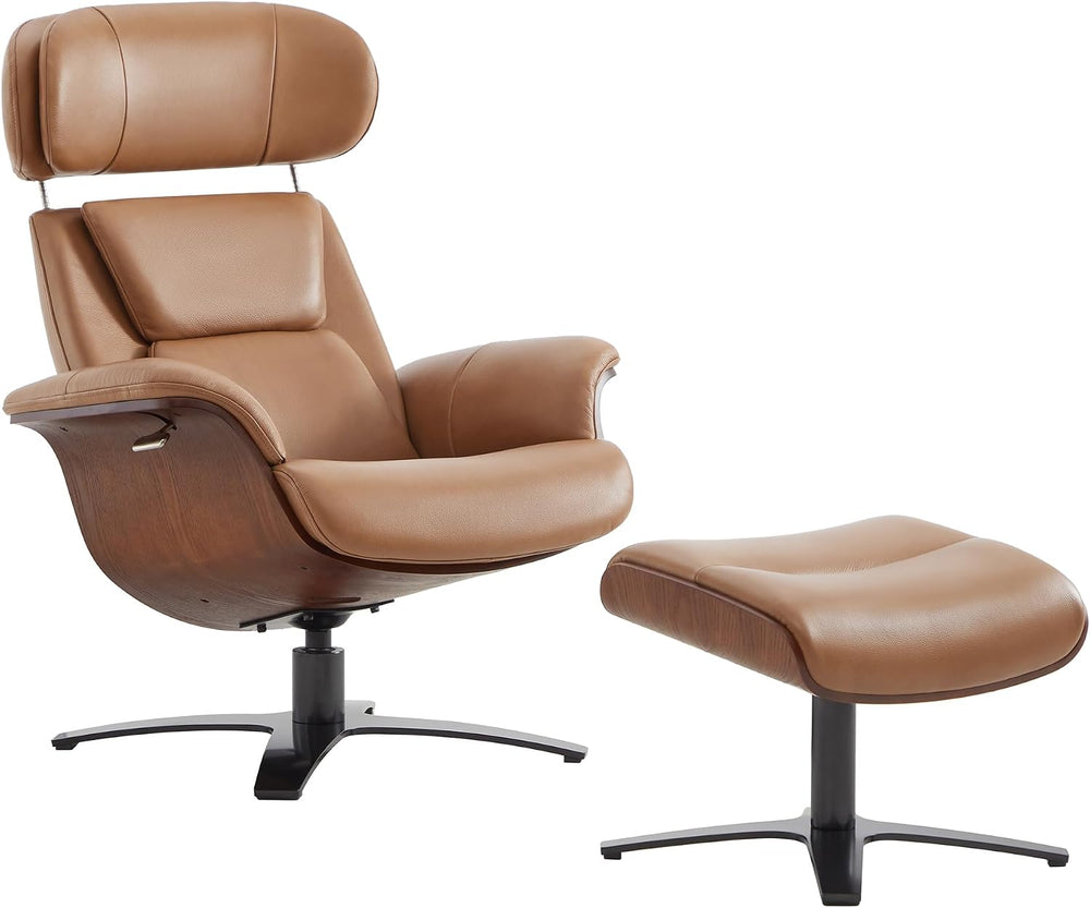 CHITA Genuine Leather Reclining Swivel Accent Chair with Ottoman, Saddle