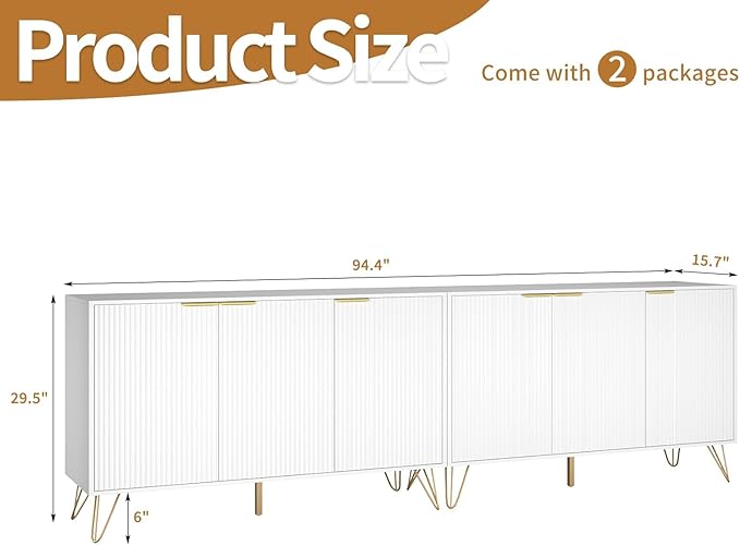 Fluted White TV Stand for 100 Inch TV,Modern White TV Stands for Living Room,TV Console with Storage Cabinets,Entertainment Center with Adjustable Shelves & Gold Handles,Wood Media Cabinet