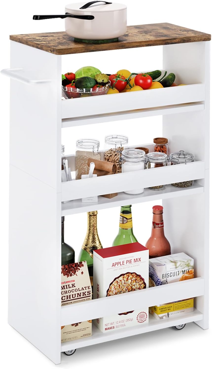 TEAMIX Slim Rolling Storage Cart, Wood 4-Tier Narrow Kitchen/Laundry Cart | 7...