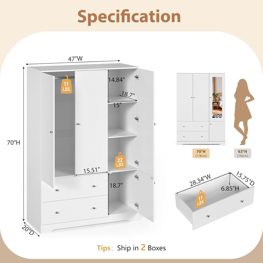 VINGLI Armoire Wardrobe Closet with Doors and Mirror,47"W Wardrobe Cabin...