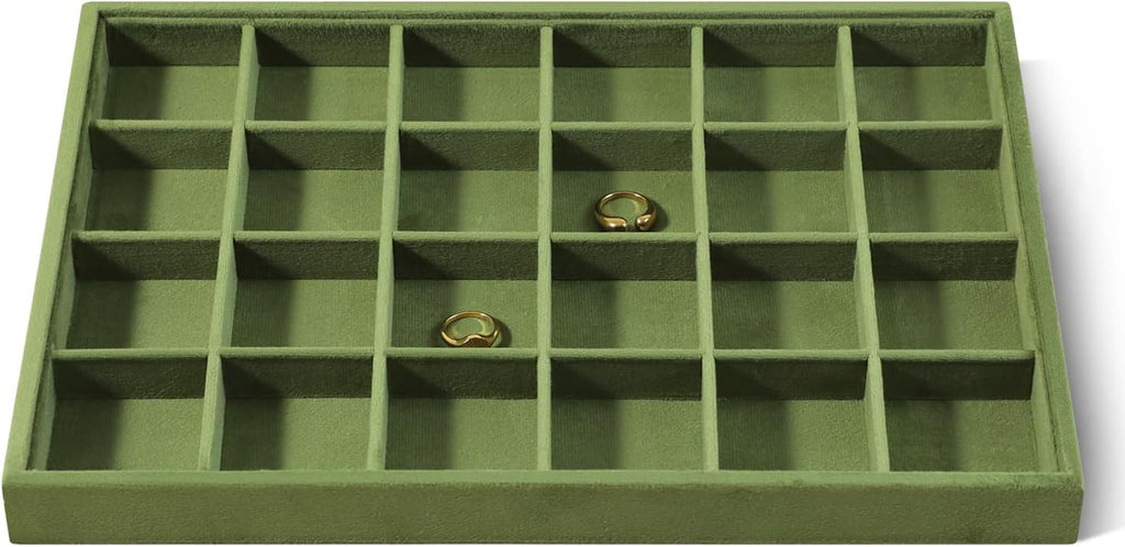Velvet Stackable Jewelry Display Tray, 24 Grid Earring Ring Storage Tray, Drawer Divider Jewelry Accessories Organizer Plate (Olive Green)