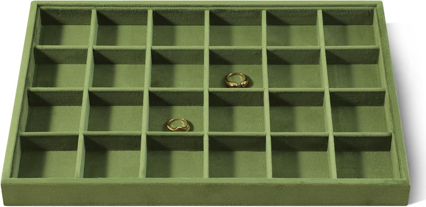 Velvet Stackable Jewelry Display Tray, 24 Grid Earring Ring Storage Tray, Drawer Divider Jewelry Accessories Organizer Plate (Olive Green)