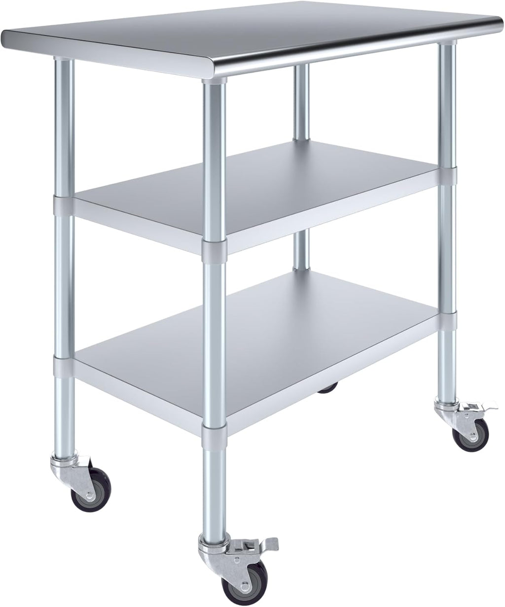 AmGood Stainless Steel Work Table with 2 Shelves and Casters | Metal Utility Table On Wheels (Stainless Steel Work Table with 2 Shelves + Casters, 36" Long x 24" Deep)