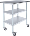 AmGood Stainless Steel Work Table with 2 Shelves and Casters | Metal Utility Table On Wheels (Stainless Steel Work Table with 2 Shelves + Casters, 36" Long x 24" Deep)