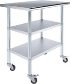 AmGood Stainless Steel Work Table with 2 Shelves and Casters | Metal Utility Table On Wheels (Stainless Steel Work Table with 2 Shelves + Casters, 36" Long x 24" Deep)