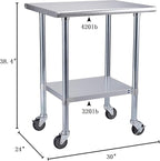 ROCKPOINT Stainless Steel Table for Prep & Work with Caster Wheels 24x30 Inches, NSF Metal Commercial Kitchen Heavy Duty Table with Adjustable Under Shelf and Table Foot for Restaurant, Home and Hotel