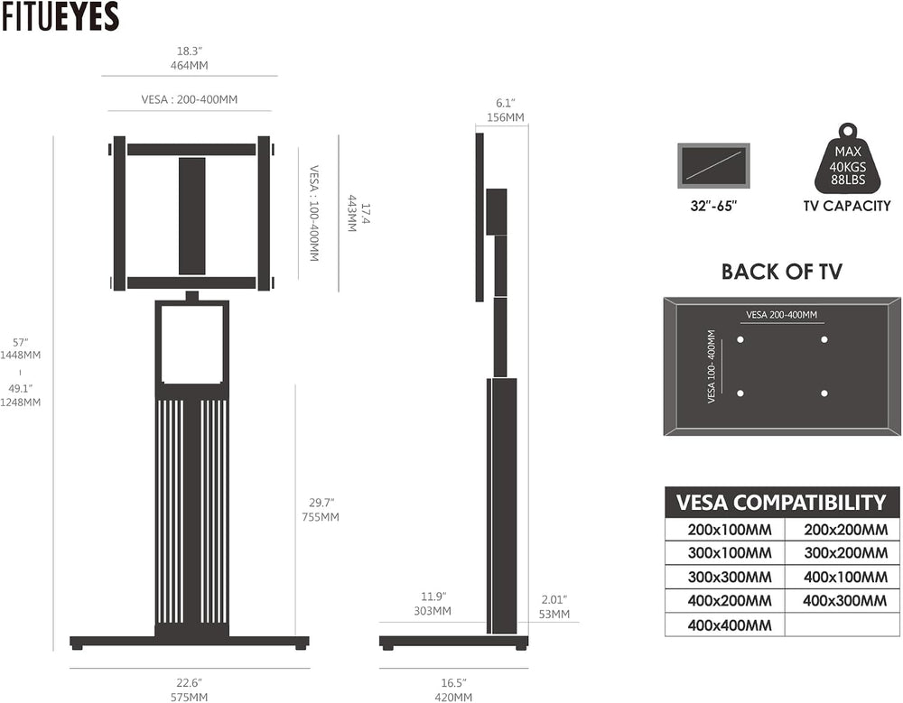FITUEYES Floor TV Stand for 32-65" TV with Hidden Back Storage,Morandi G...