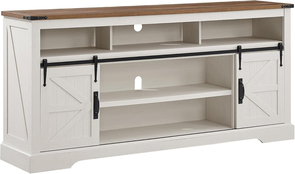 OKD 70" Farmhouse TV Stand for TVs up to 80", Antique White | 33" Tall, Rustic Entertainment Center, Sliding Barn Door, Large Open Storage Shelf, 2 Storage Cabinets, Living Room, Bedroom