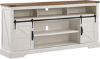 OKD 70" Farmhouse TV Stand for TVs up to 80", Antique White | 33" Tall, Rustic Entertainment Center, Sliding Barn Door, Large Open Storage Shelf, 2 Storage Cabinets, Living Room, Bedroom