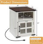 Farmhouse Nightstand with Charging Station, Rustic End Table with Tempered Glass Barn Door, Wood Sofa Side Bedside Table with Open Storage Shelf for Living Room, Bedroom, White