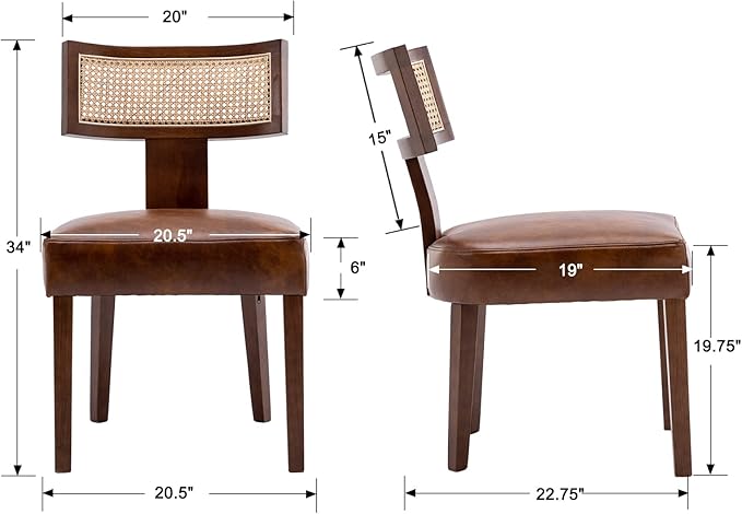 Mid Century Modern Dining Chairs Set of 6 Rattan Kitchen Chairs PU Leather Upholstered Side Chairs, Modern Kitchen Armless Solid Wood Dining Chairs, Brown