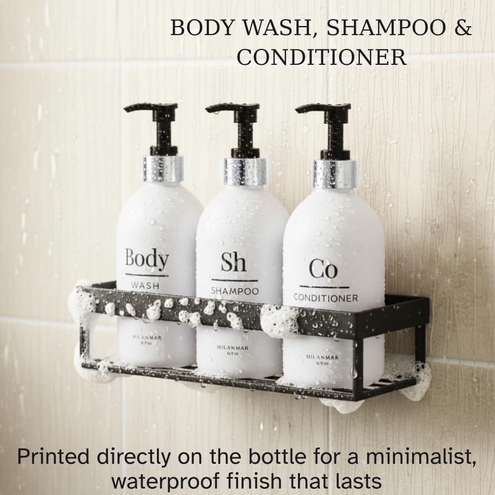 Shampoo Conditioner Body Wash Dispenser Set - Refillable Matte Plastic Cylindrical Bottles, 16.9 oz Pump Containers, Minimalist Bathroom Organization, Pack of 3 [White-Silver]