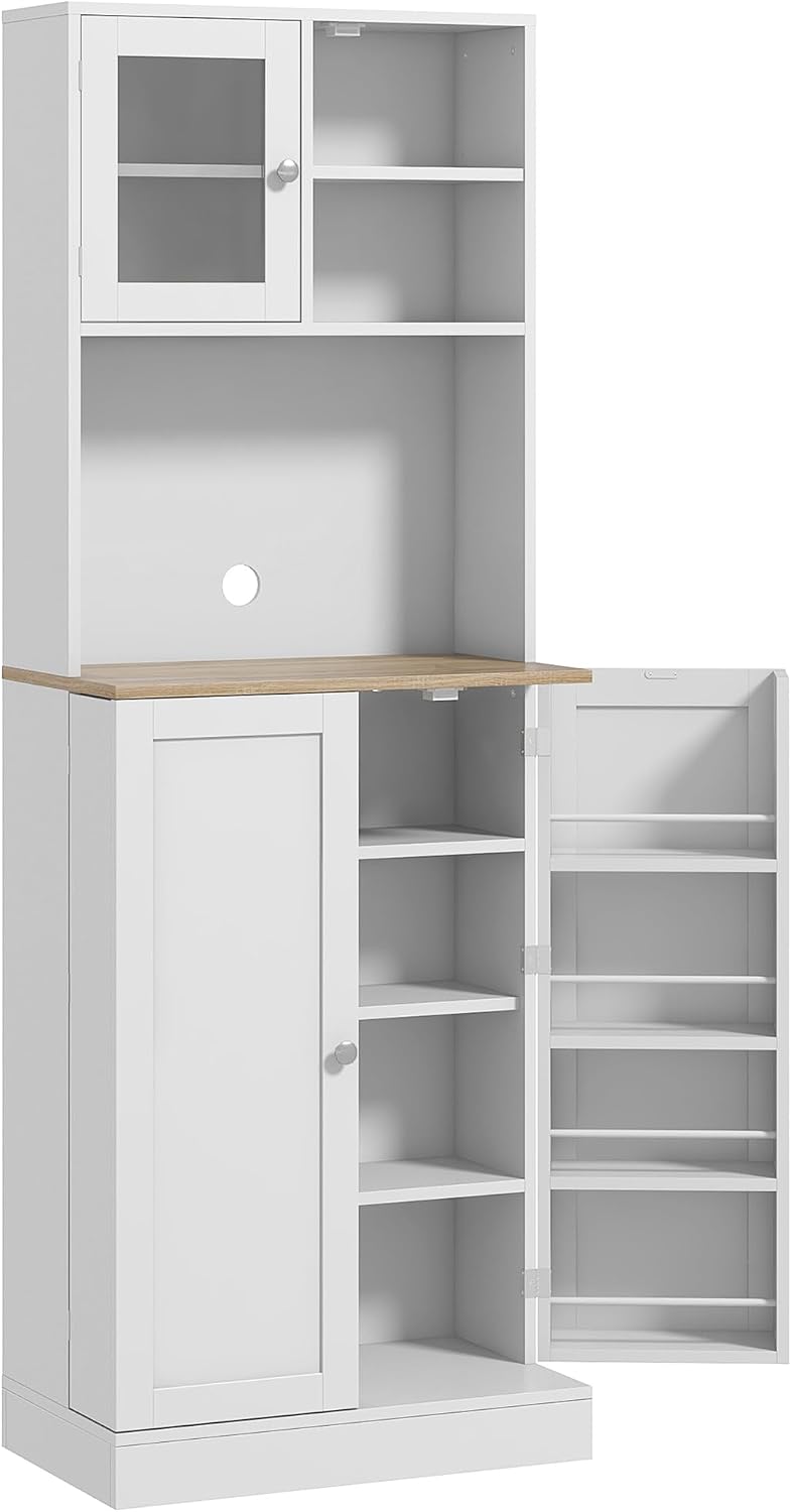 66.5" Tall Pantry Cabinet with Microwave Stand - Freestanding Kitchen Storage Hutch with 8 Door Shelves & Adjustable Shelves, Food Organizer Cabinet for Kitchen, Dining Room，White