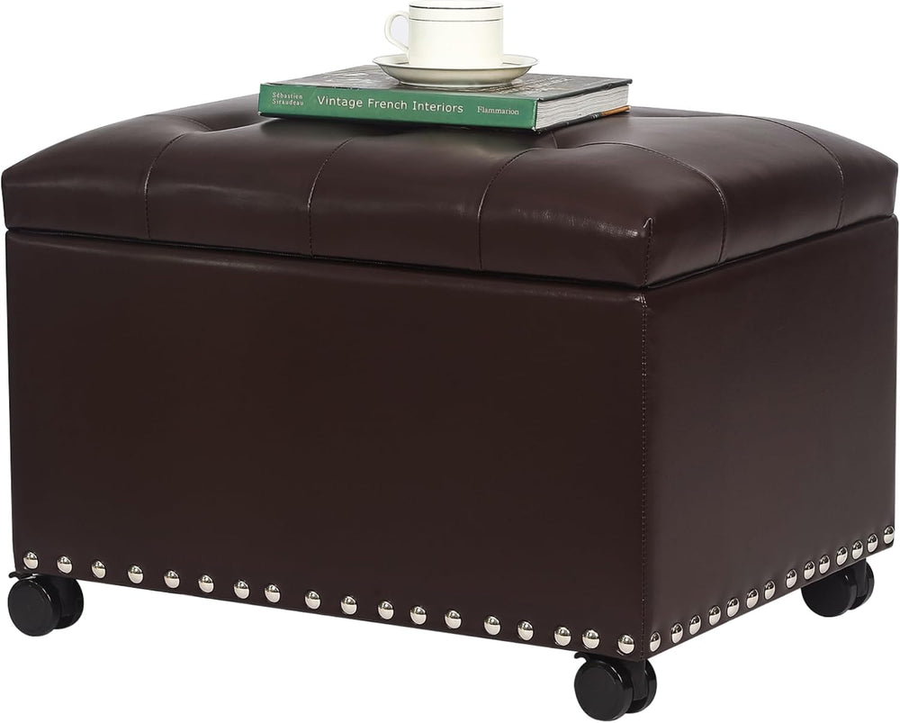 Joveco Leather Storage Ottoman with 360° Caster Wheels 24" Foot Rest Ben...
