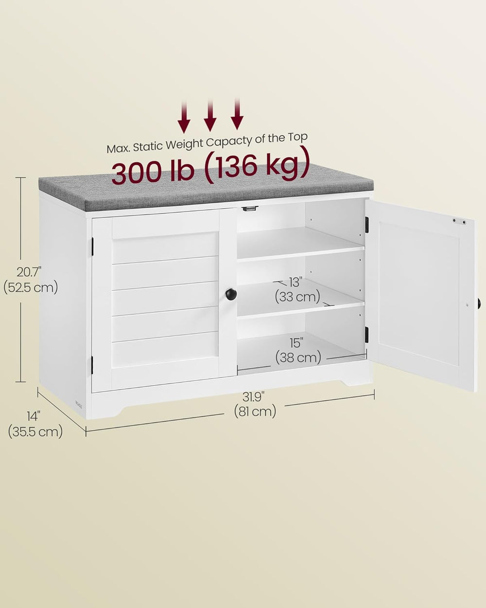 VASAGLE 3-Tier Shoe Storage Bench with Cushion, 14 x 31.9 x 20.7 Inches | Doo...