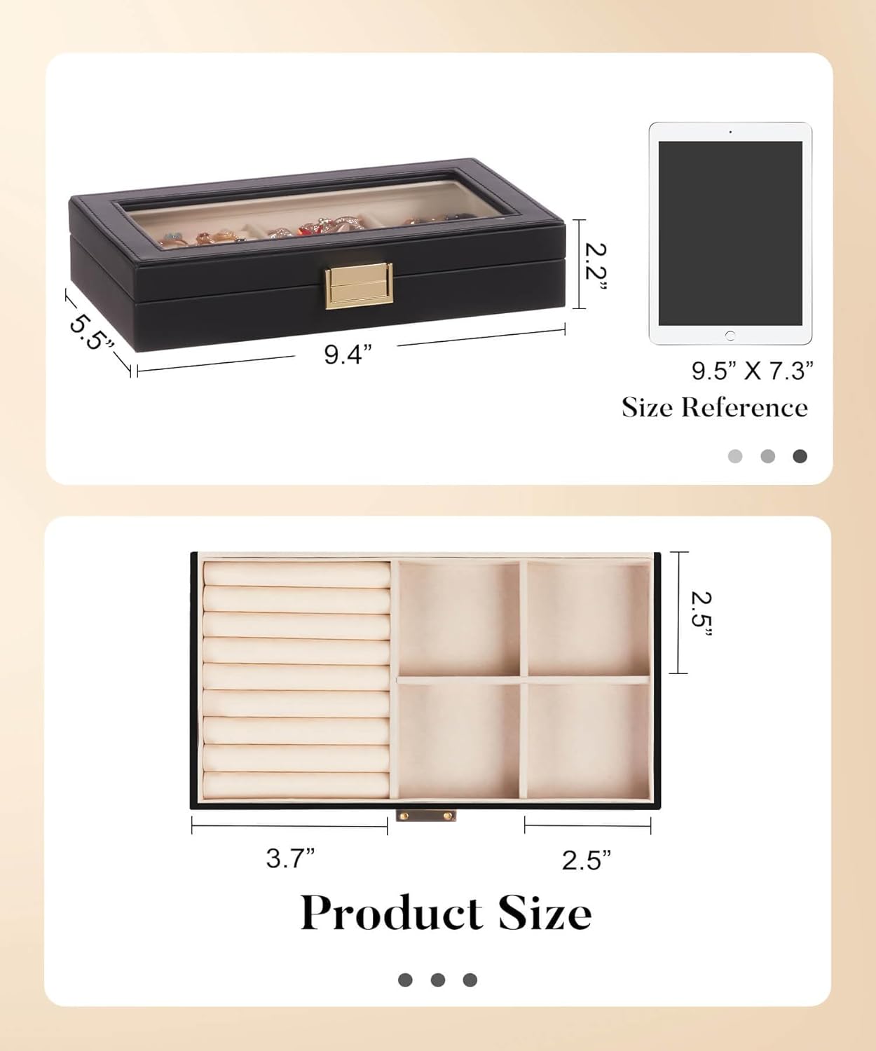 Homde Jewelry Tray Stackable Jewelry Box with Glass Lid, Removable Dividers for Vanity Table - Christmas Gift Idea for Girls and Women (Black)