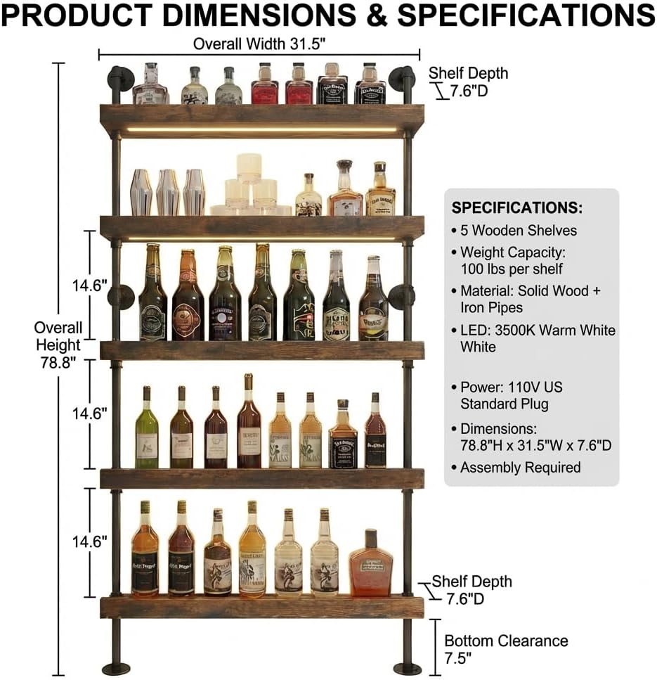 5-Tier Wall Mounted Wine Rack with LED,31.5" W x 79" H | Industrial...