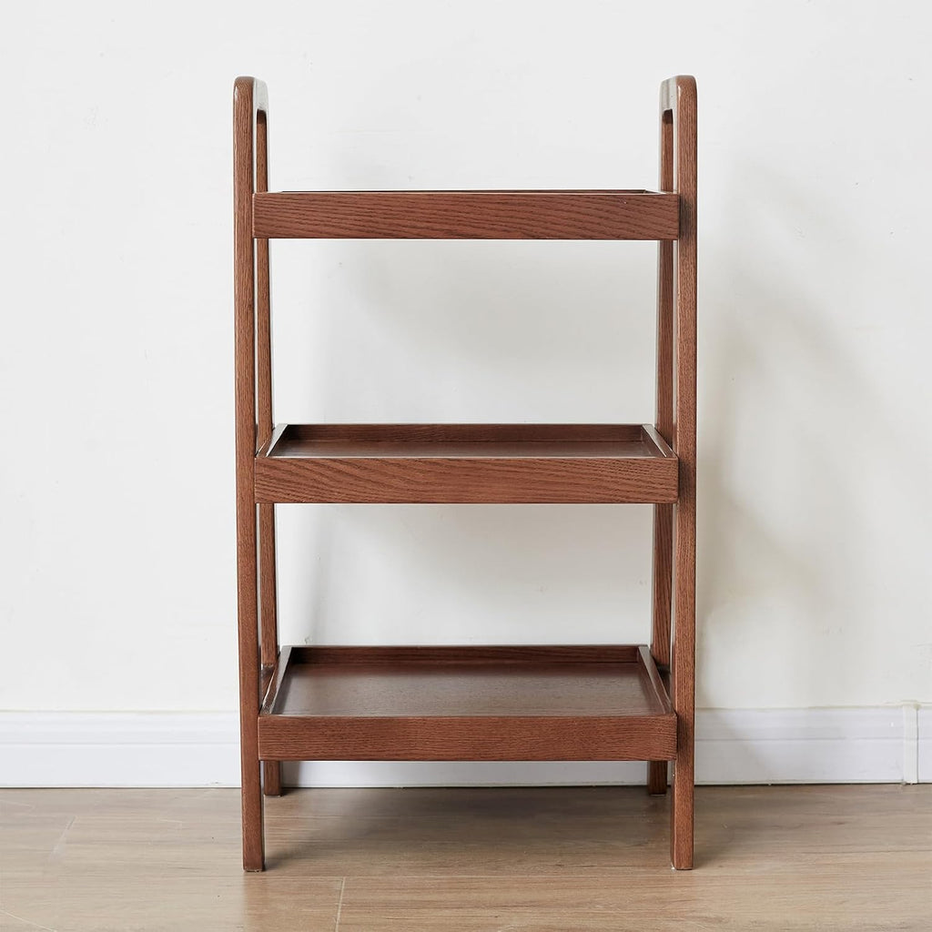 Solid Oak 3-Tier Ladder Shelf, Small Bookshelf with Anti-Dropping Guardrails, Free Standing A-Frame Wood Storage Organizer & Plant Stand for Living Room, Bedroom, Small Spaces (Walnut)