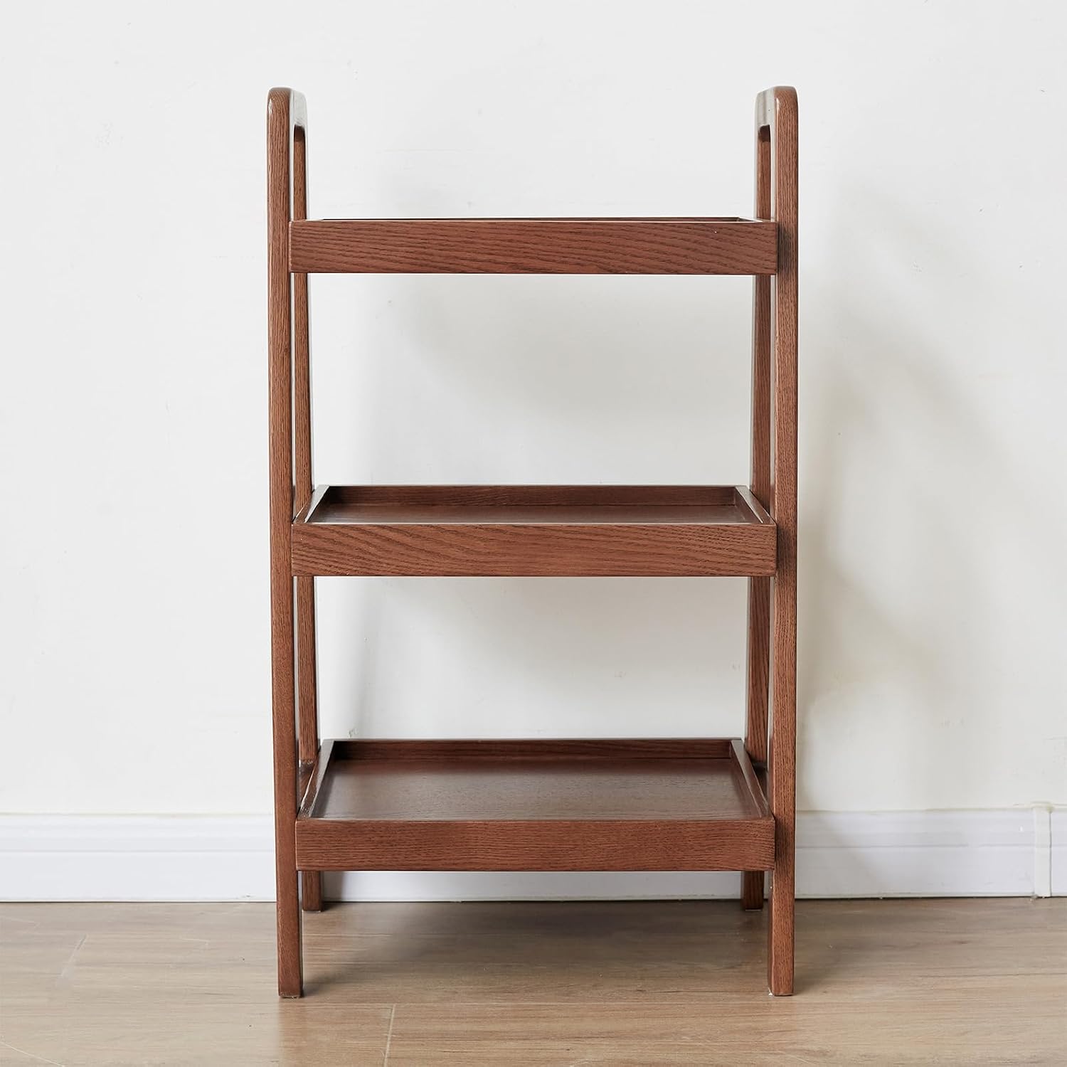 Solid Oak 3-Tier Ladder Shelf, Small Bookshelf with Anti-Dropping Guardrails, Free Standing A-Frame Wood Storage Organizer & Plant Stand for Living Room, Bedroom, Small Spaces (Walnut)
