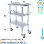 AmGood Stainless Steel Work Table with 2 Shelves and Casters | Metal Utility Table On Wheels (Stainless Steel Work Table with 2 Shelves + Casters, 15" Long x 30" Deep)