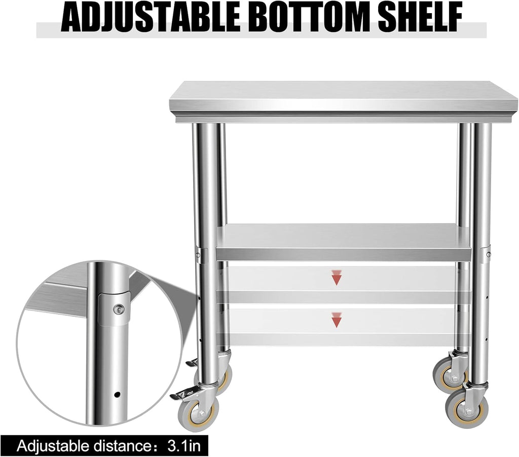 Stainless Steel Table for Prep & Work 30 x 12 Inches with Caster Wheels, NSF Commercial Heavy Duty Table with Undershelf and Galvanized Legs for Garage Restaurant Home and Hotel