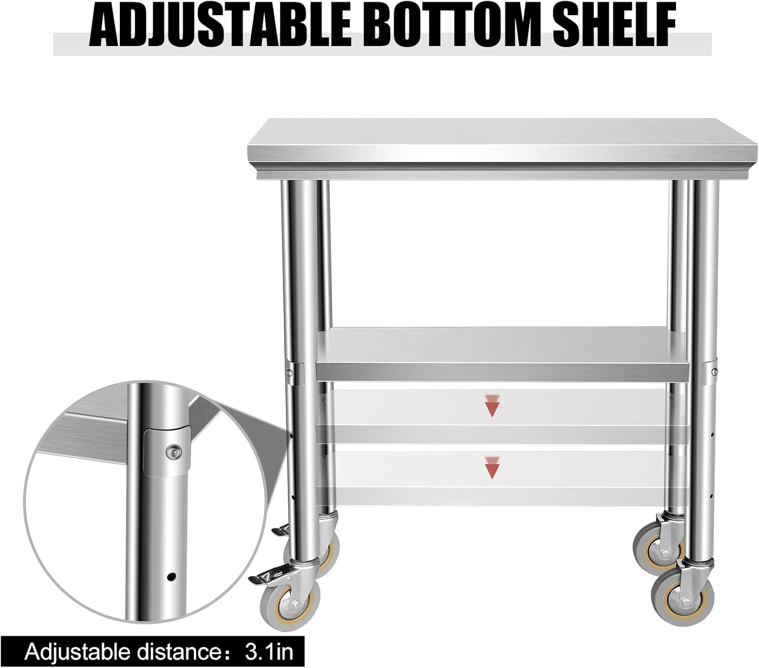 Stainless Steel Table for Prep & Work 30 x 12 Inches with Caster Wheels, NSF Commercial Heavy Duty Table with Undershelf and Galvanized Legs for Garage Restaurant Home and Hotel