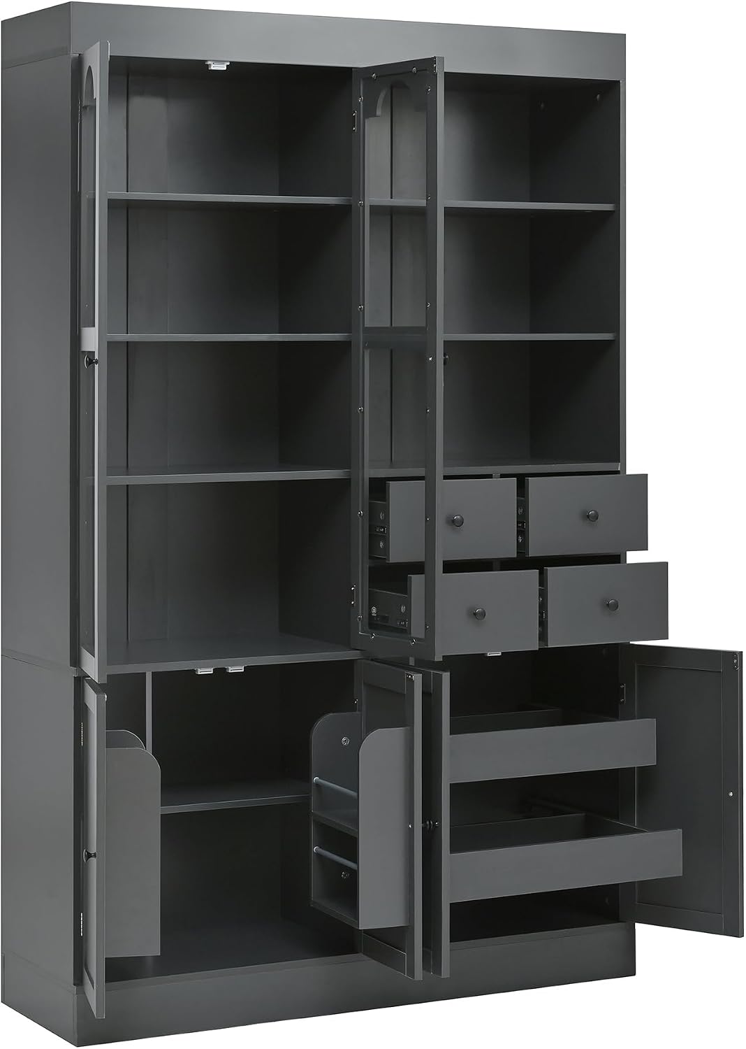 Tall Kitchen Pantry Cabinet with 4 Drawers, Door Shelves and Pull-Out Trays, Freestanding Buffet with Hutch for Dining Room, Living Room, Home Office (Gray-T)