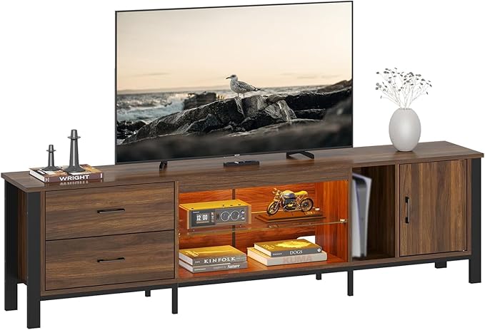 Bestier TV Stand for 75/80/85 inch TV, LED Gaming Entertainment Center, Modern TV Cabinet with Glass Shelves for Living Room, Media Console with 2 Storage Drawers & Cabinets for Bedroom, Walnut