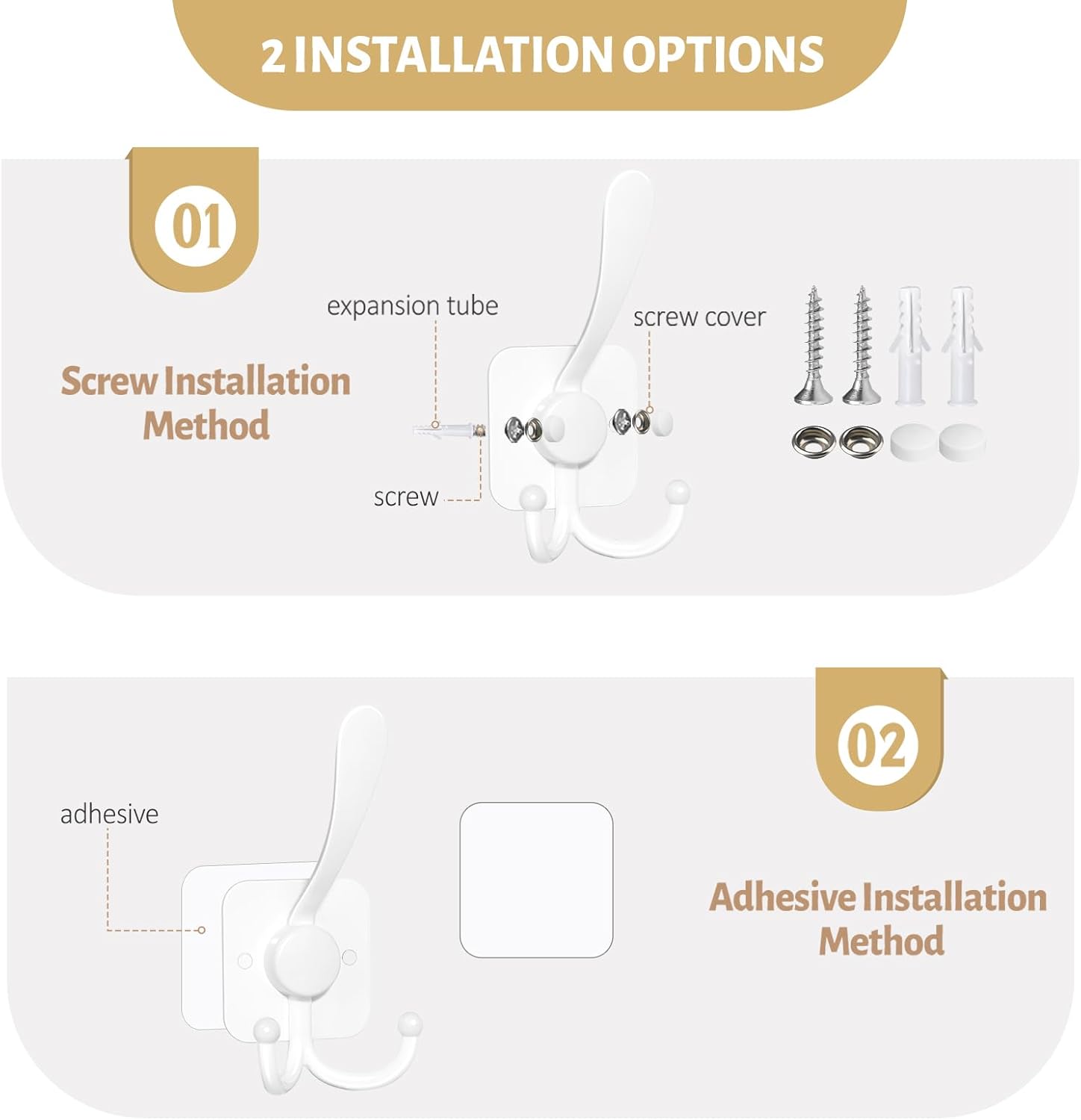 VIS'V 3 Prong Coat Hooks Wall Mount, Metal Self Adhesive Entryway Wall Hooks, 2 Mount Options, White, 4 Pcs