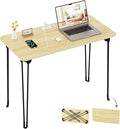 Mini Desk No Assembly Required, 31.5" Small Desk for Bedroom with Power Outlet & Hairpin Legs, 31.5" Foldable Desks for Small Spaces & Home Office, Beige Floor Patten