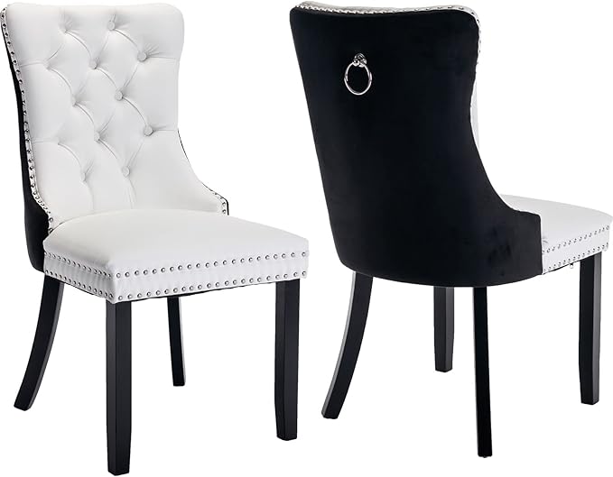 Modern Dining Chairs Set of 2, Tufted Upholstered Dining Chair with Solid Wood Legs, Velvet and Leather Dining Chairs, Sillas de Comedor, Comfy Kitchen Chair (White+Black, 2Pcs)