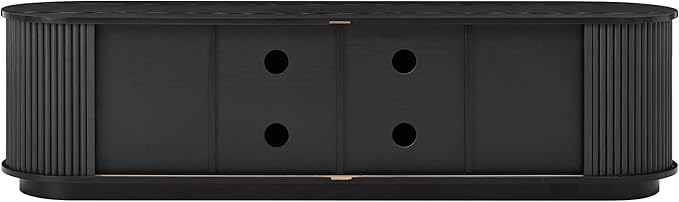 Farmhouse Wooden TV Stand with Sliding Tambour Door for TVs up to 75", Fluted Media Console with Adjustable Storage, Golden Handle TV Cabinet with Cable Holes for Living Room, Black
