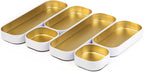 Three by Three Seattle 6 Piece Shallow Metal Organizer Tray Set for Storing Makeup, Stationery, Utensils, and More in Office Desk, Kitchen and Bathroom Drawers (1 Inch, Gold and White)