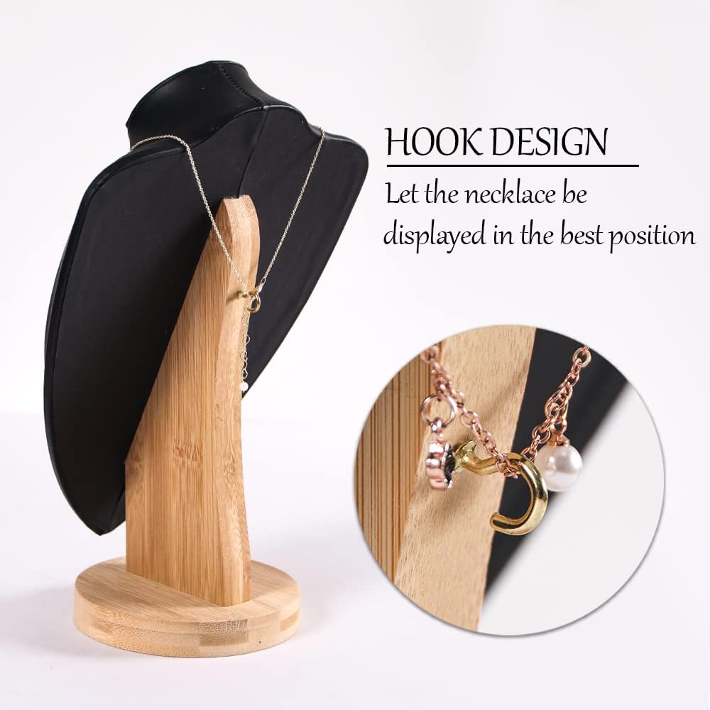 Coward 3D PU Leather Necklace Display Bamboo Chain Jewelry Model Bust Stand (black pu, 11.4")