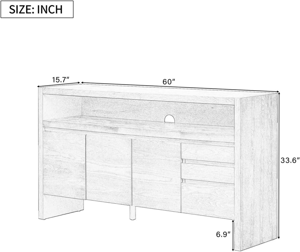 60" 3-Door Sideboard with 3 Drawers - Semi-Open Shelf & Center Semi-...