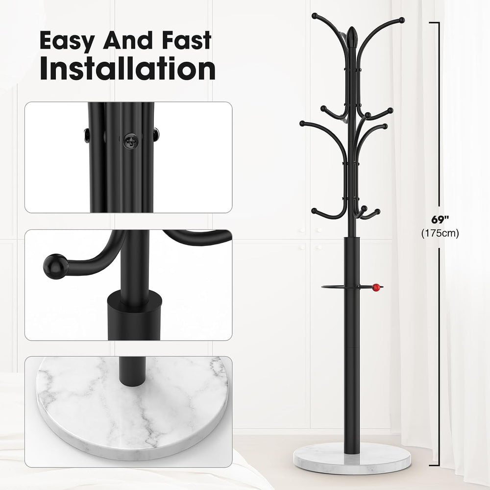 Coat Rack Freestanding,12 Hooks Coat Racks with Natural Marble Base & Umb...