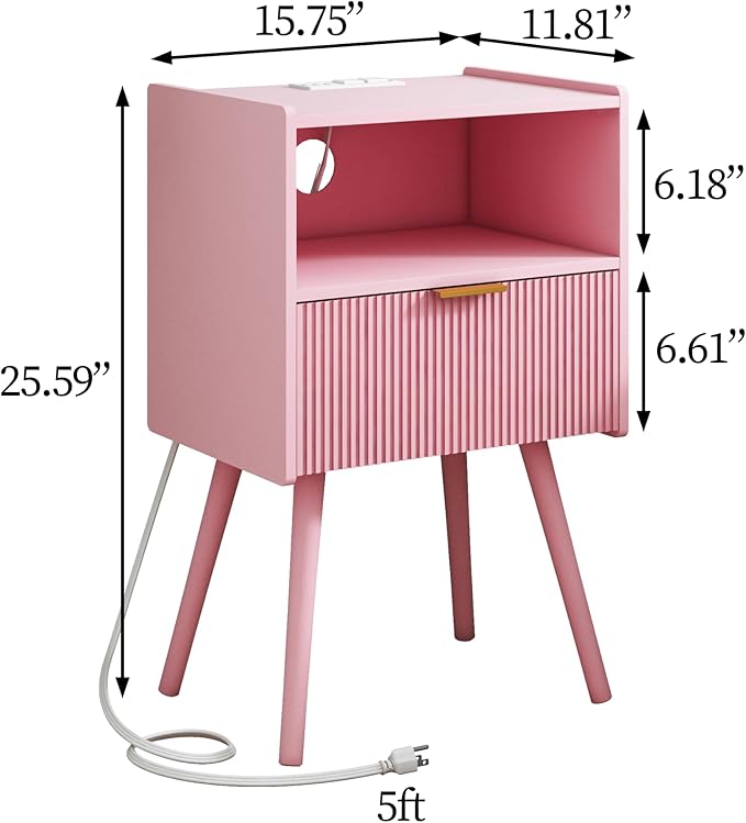 Nightstand with Oultlet,Modern Bedside Table with Storage Drawer and Open Woo...