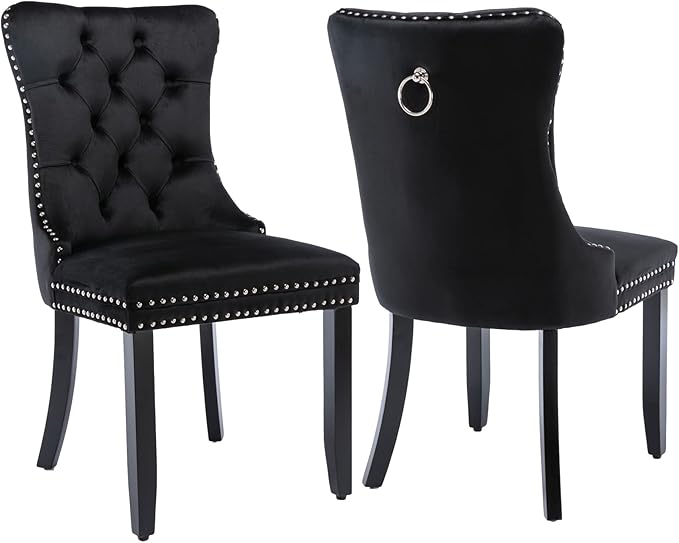 Black Dining Chairs Set of 2,Upholstered Velvet Dining Room Chairs with Back Ring Pull Trim and Solid Wood Legs,Modern Dining Chairs Perfect for Dining Room, Kitchen(Black)