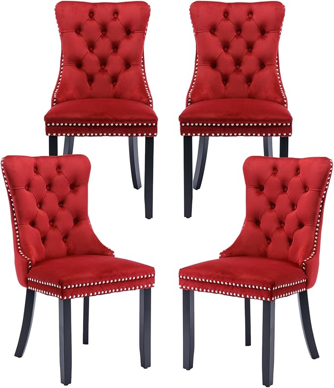 Velvet Dining Chairs Set of 4, Tufted Upholstered Dining Room Chairs with Back Ring Pull, Nailhead Trim and Solid Wood Legs, Modern Dining Chairs for Dining Room, Kitchen,Burgundy Red