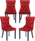 Velvet Dining Chairs Set of 4, Tufted Upholstered Dining Room Chairs with Back Ring Pull, Nailhead Trim and Solid Wood Legs, Modern Dining Chairs for Dining Room, Kitchen,Burgundy Red