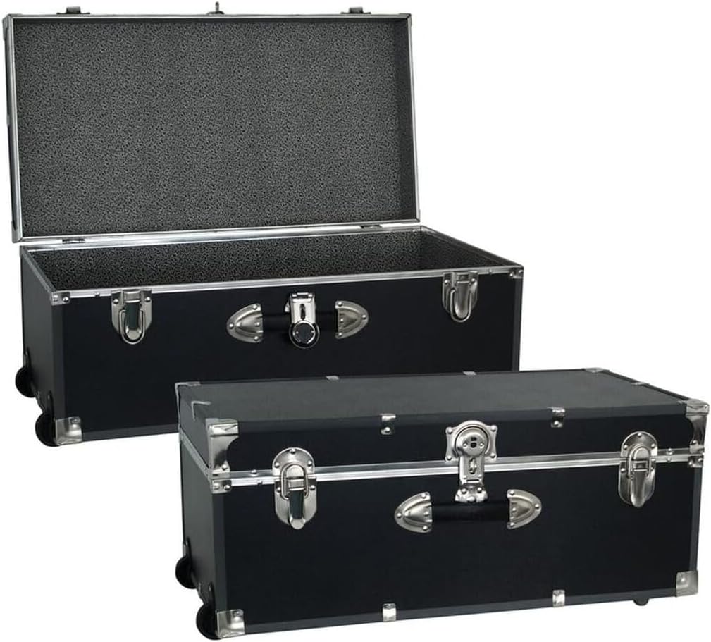 HomeStock Rustic Romance Heavy Duty 30" Under Bed College Storage Trunk with Lock, Latch Closure Type, 15.75" D x 30" W x 12.25" H, Ideal Camp Dorm Room Trunk Footlocker Black