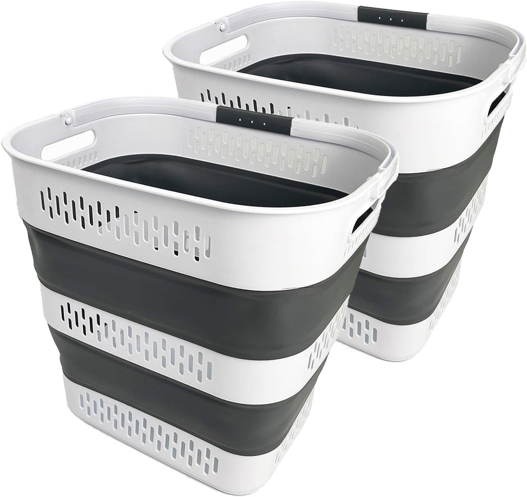 SAMMART 40L (10.5 Gallon) Collapsible Plastic Laundry Basket with Handles - Foldable Pop Up Storage Container/Organizer - Portable Laundry Hamper - Space Saving (2, White/Steel Grey)