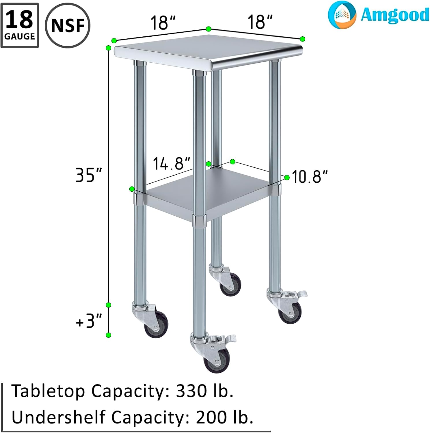 AmGood 18" Long x 18" Deep Stainless Steel Table with Casters