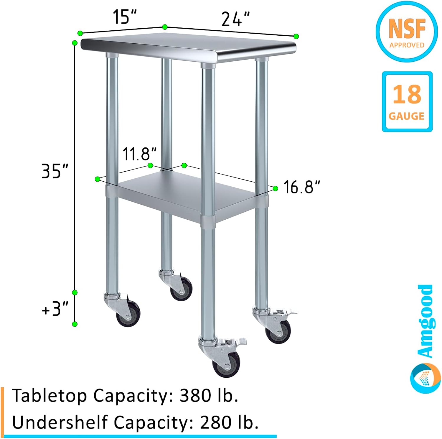AmGood 24" x 15" Stainless Steel Work Table with Casters | Heavy Duty Metal Utility Table On Wheels | Kitchen Island Cart