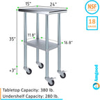 AmGood 15" Long x 24" Deep Stainless Steel Table with Casters