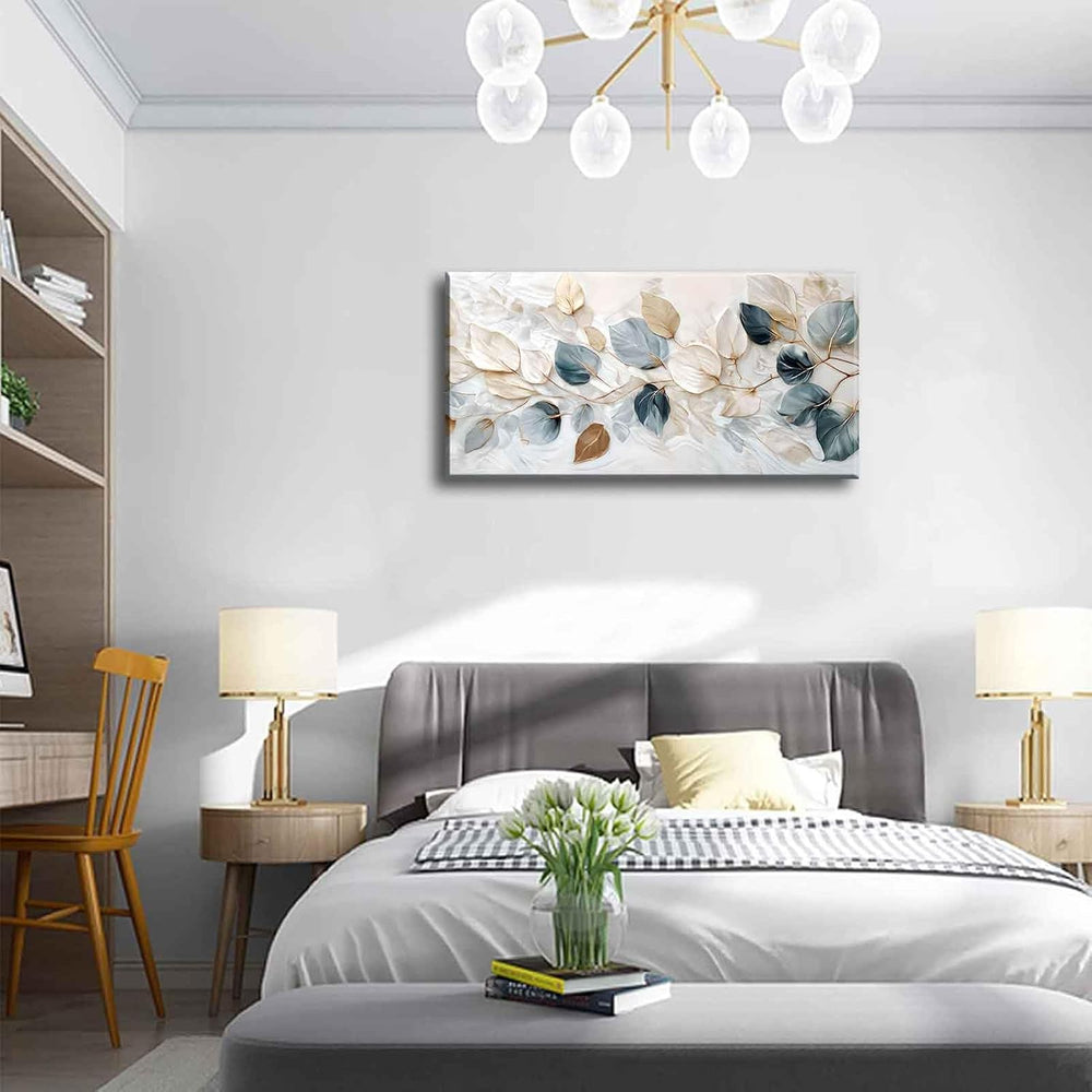 Large Living Eucalyptus Leaf Canvas Wall Art Teal White Botanical Abstract De...