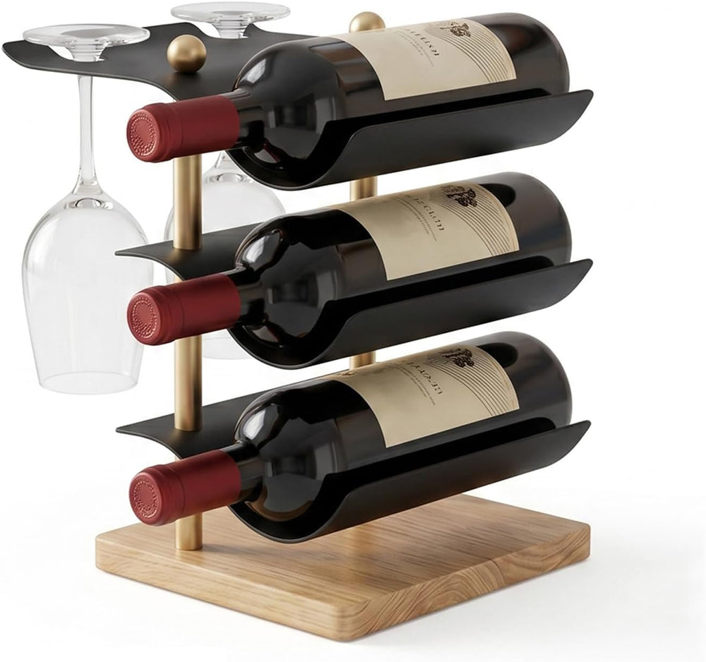 Modern Abstract Wine Rack, Black Metal Wine Holder with Wood Base, 3 Bottle W...