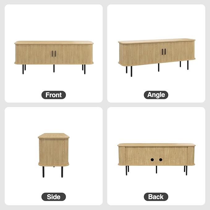 55''W Natural TV Stand Cabinet with Storage for TVs up to 60 Inch, Fluted TV Entertainment Center with Slatted Tambour Doors, Media Console for Living Room, Entryway