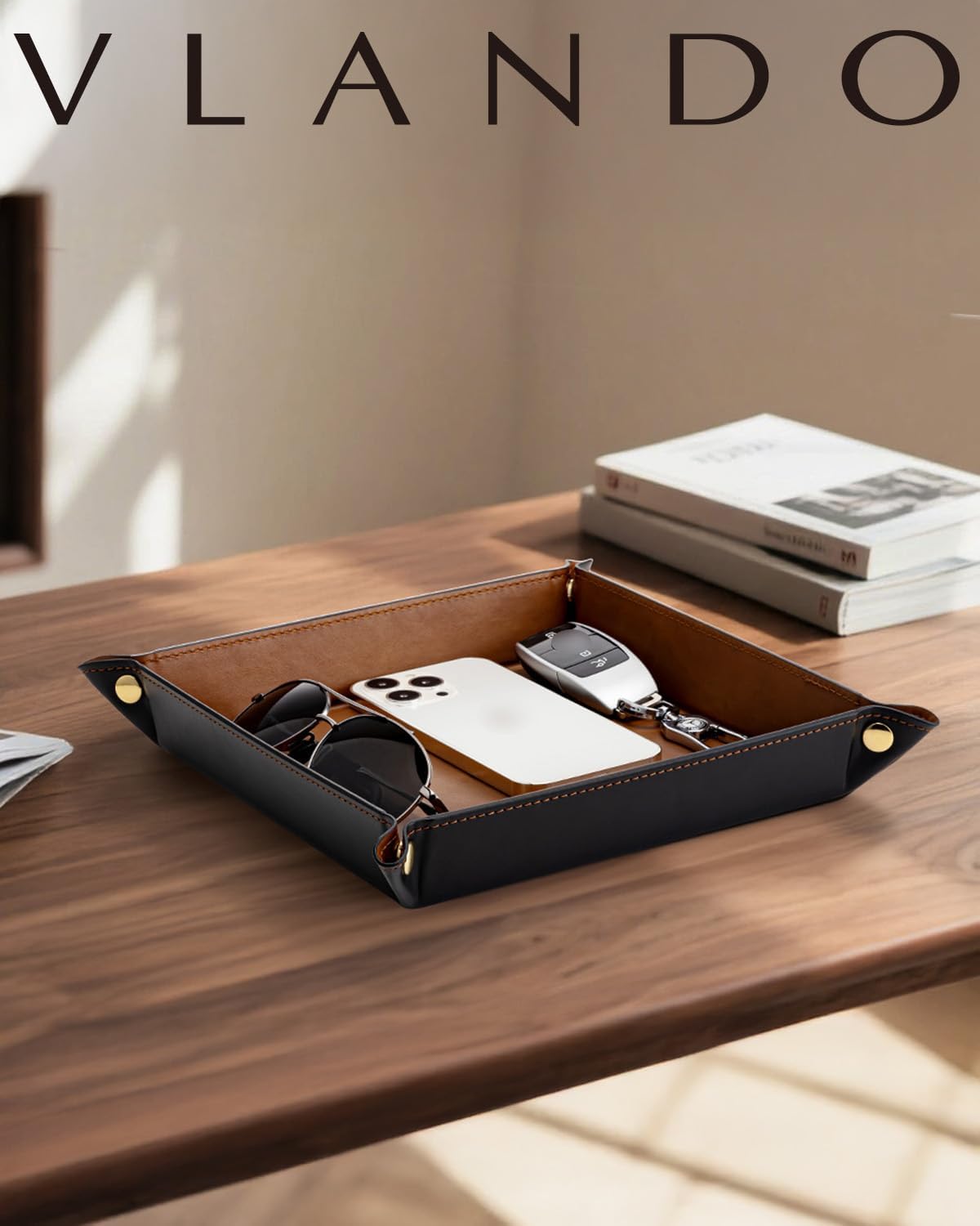 VLANDO Travel Valet Tray, Foldable PU Leather Catchall Tray, Light Brown | Large 8.5-Inch Key Tray for Wallet, Watch, Phone, Jewelry and Glasses, Nightstand Dresser Desk Entryway Organizer